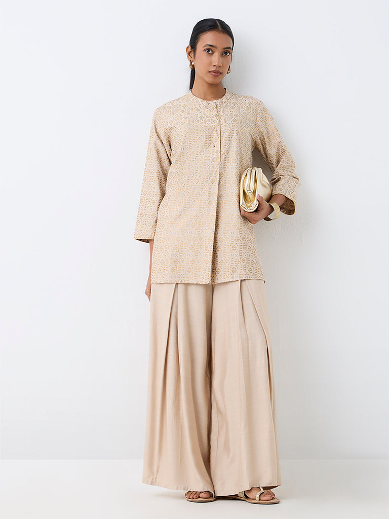 Zuba Light Beige Pleated Palazzos