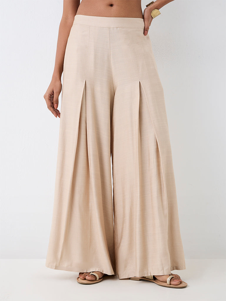 Zuba Light Beige Pleated Palazzos