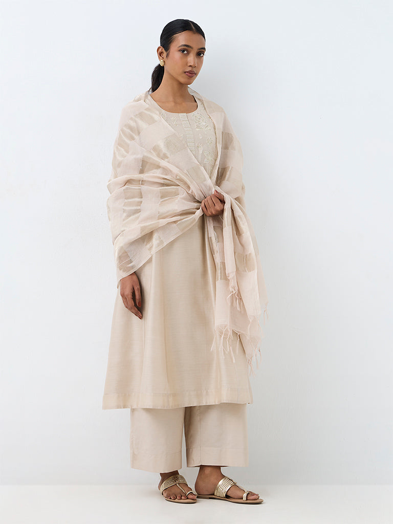 Zuba Light Beige Striped Silk Chanderi Dupatta