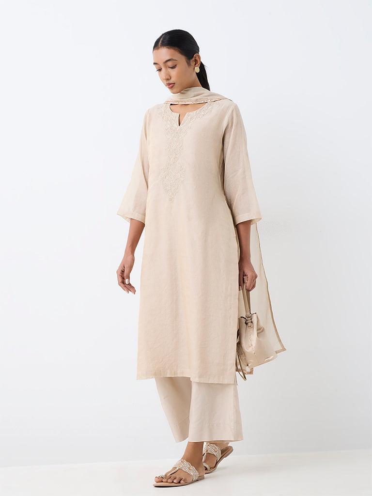 Zuba Light Beige Floral Embroidered Straight Kurta