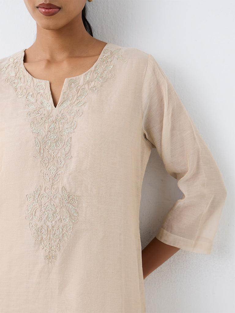 Zuba Light Beige Floral Embroidered Straight Kurta
