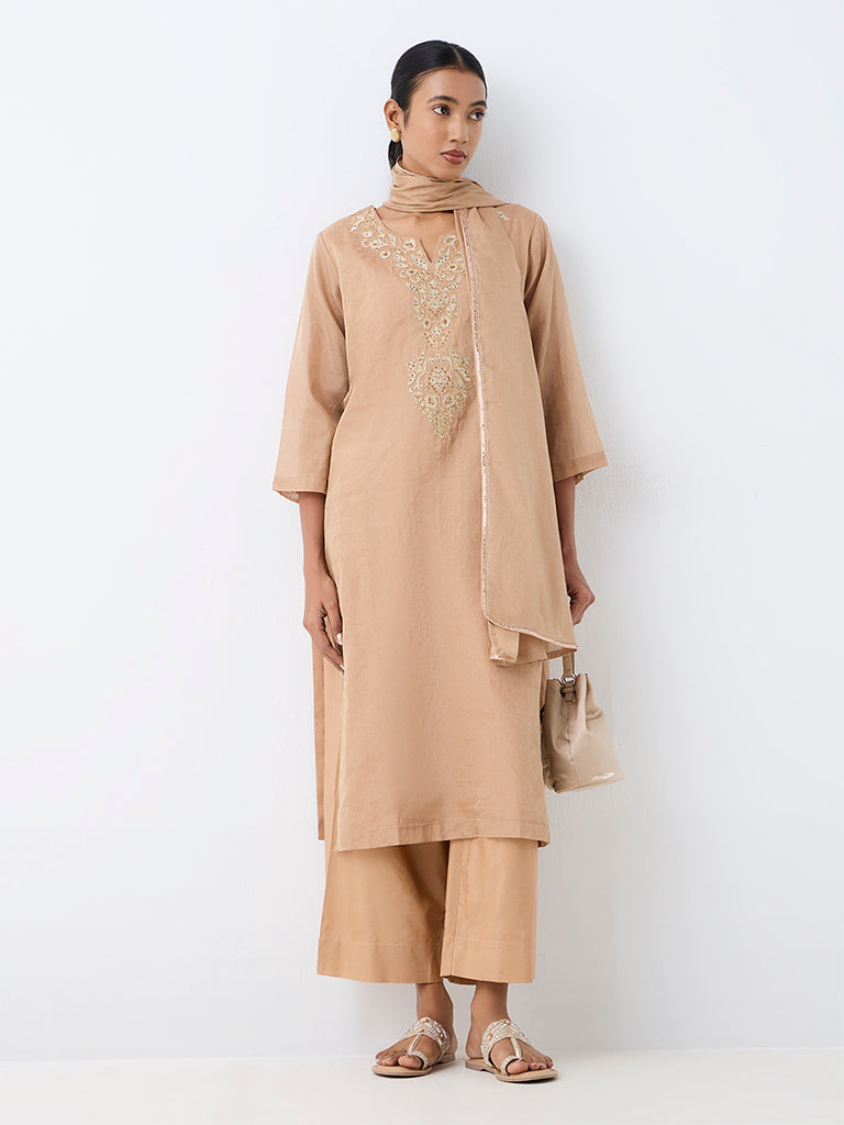 Zuba Beige Floral Embroidered Straight Kurta