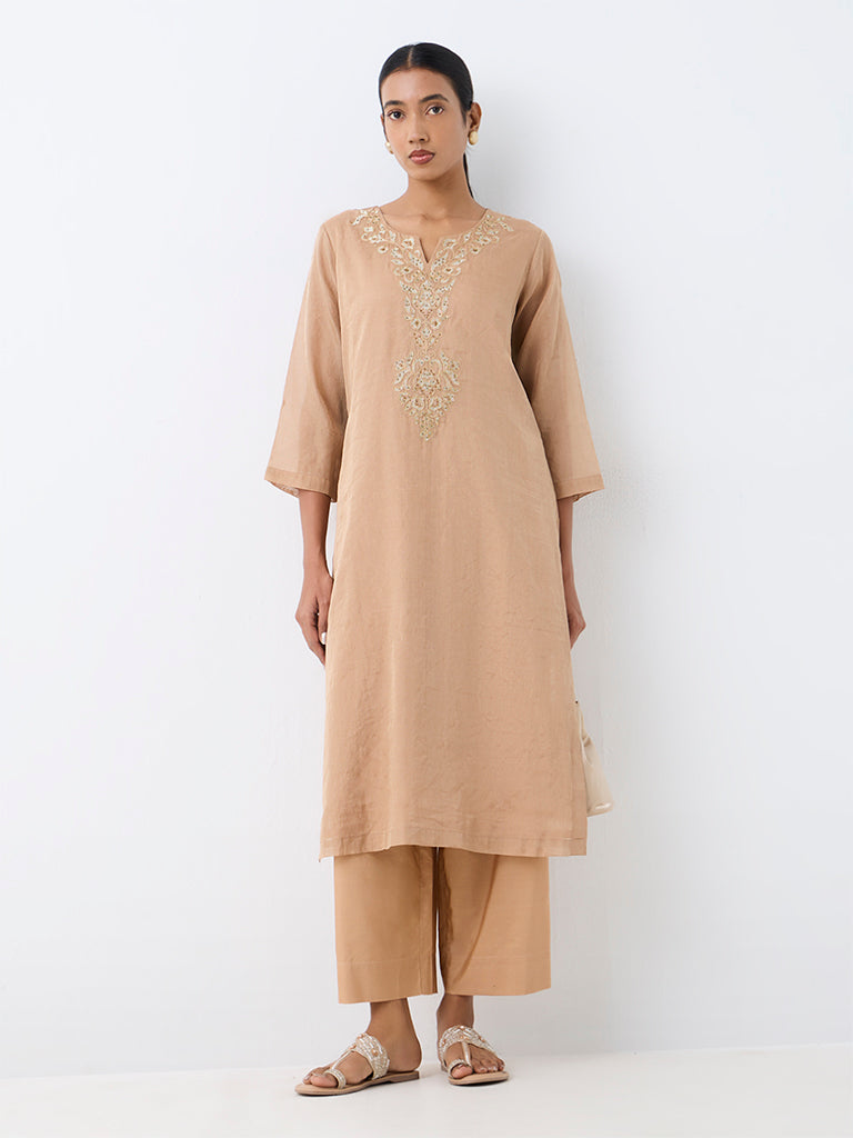 Zuba Beige Floral Embroidered Straight Kurta