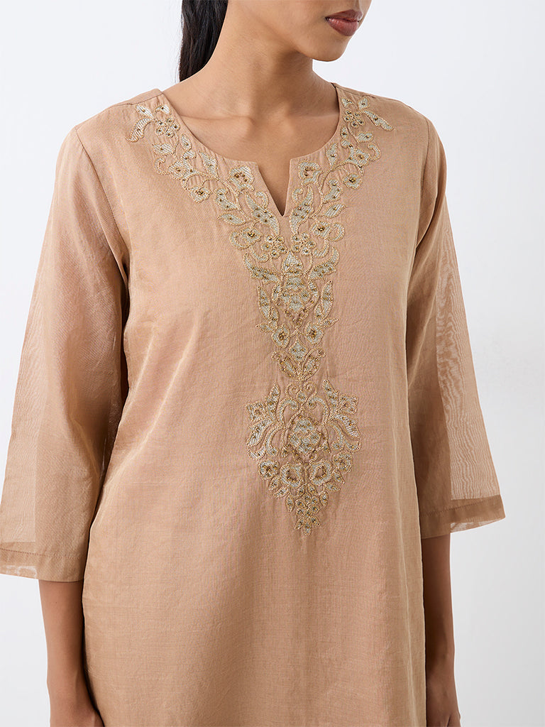 Zuba Beige Floral Embroidered Straight Kurta