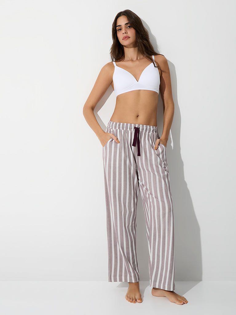 Wunderlove Grey Striped High-Rise Cotton Pants