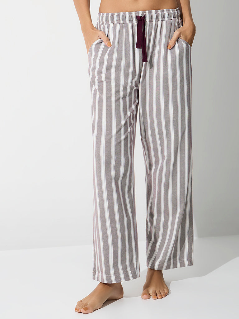 Wunderlove Grey Striped High-Rise Cotton Pants