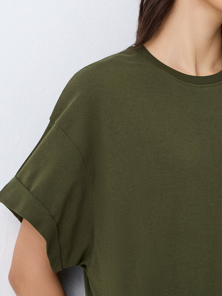 Wunderlove Dark Olive Solid Cotton T-Shirt