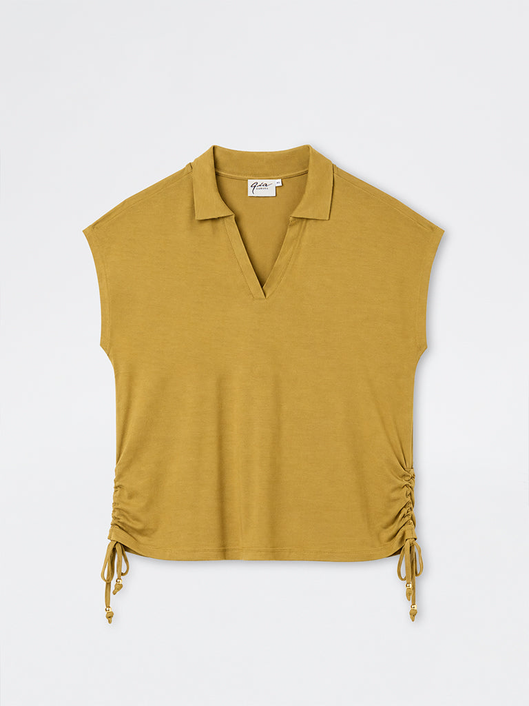 Gia Mustard Ruched Tie-Up Detail Top