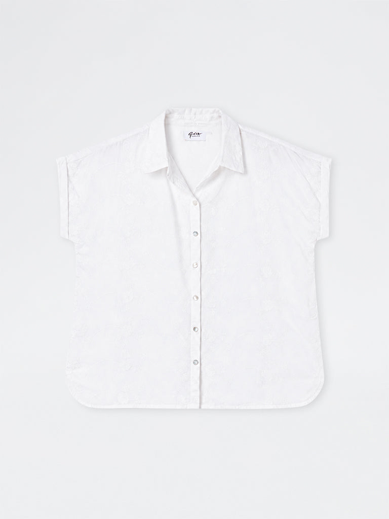 Gia White Floral Embroidered Cotton Shirt