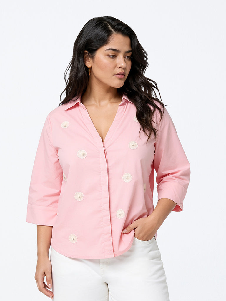 Gia Light Pink Floral Embroidered Cotton Shirt