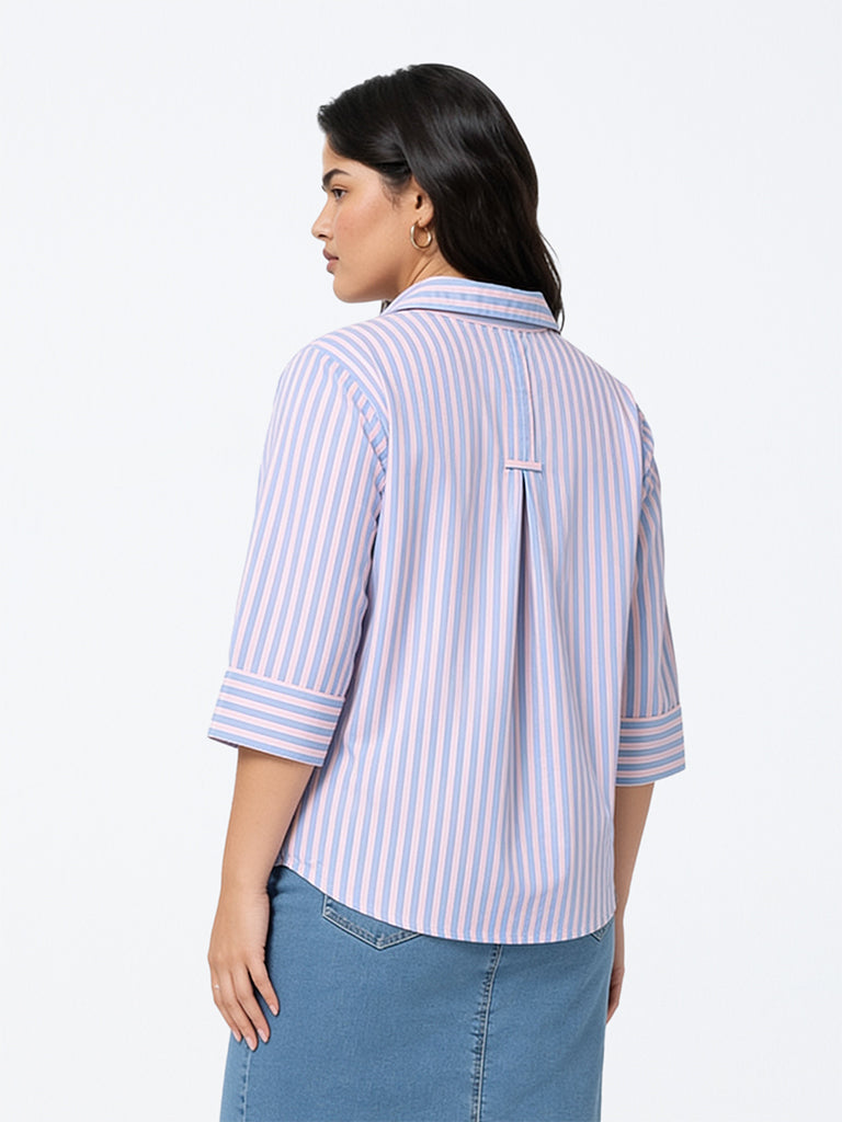 Gia Pink and Blue Striped Cotton-Blend Blouse