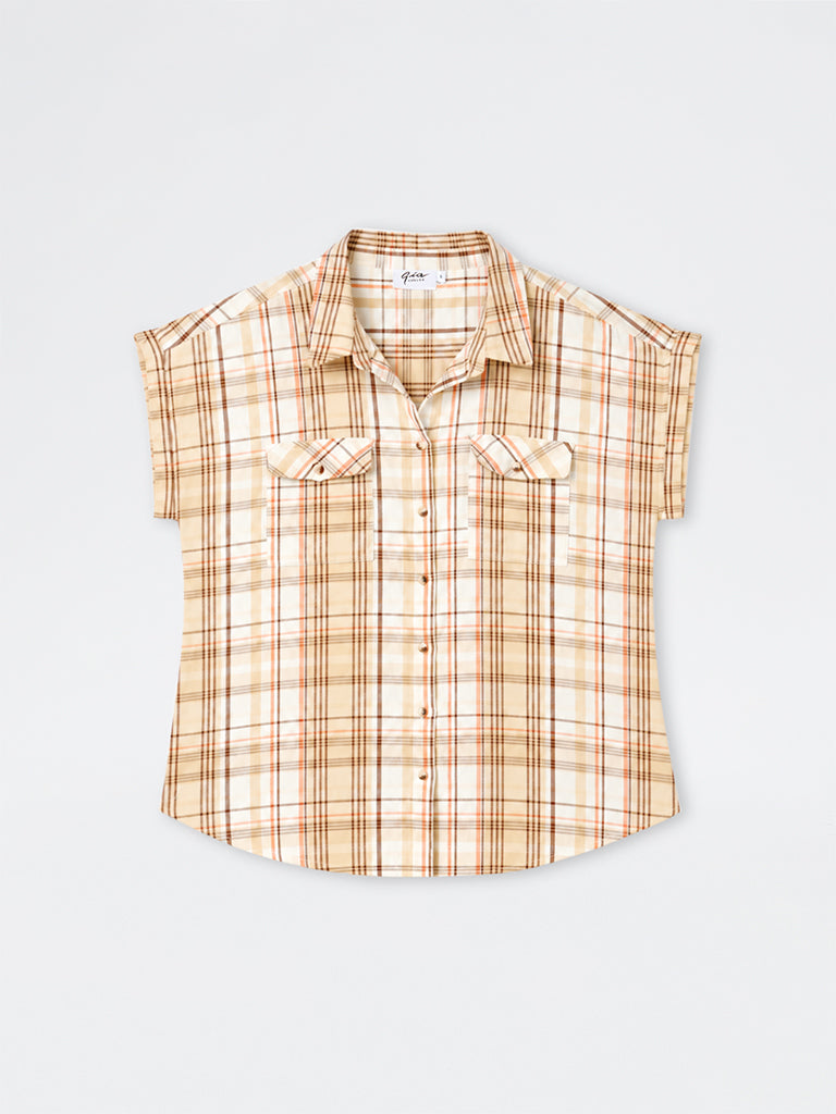 Gia Beige Plaid Checkered Cotton Shirt