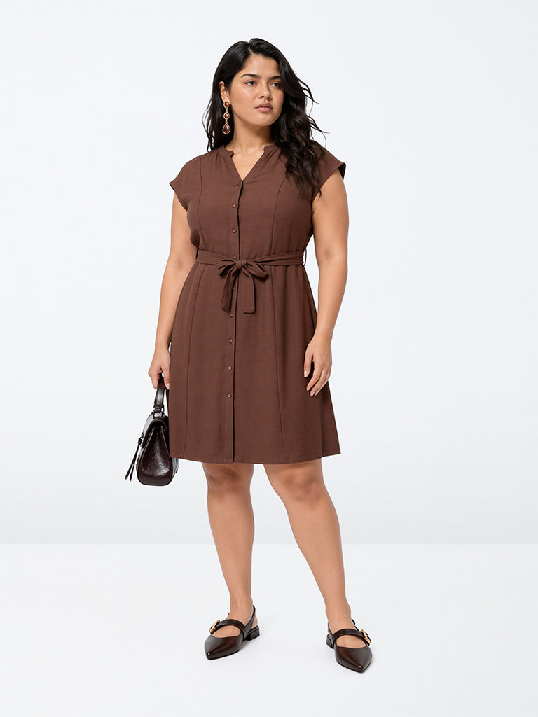 Gia Brown Solid A-Line Dress with Belt
