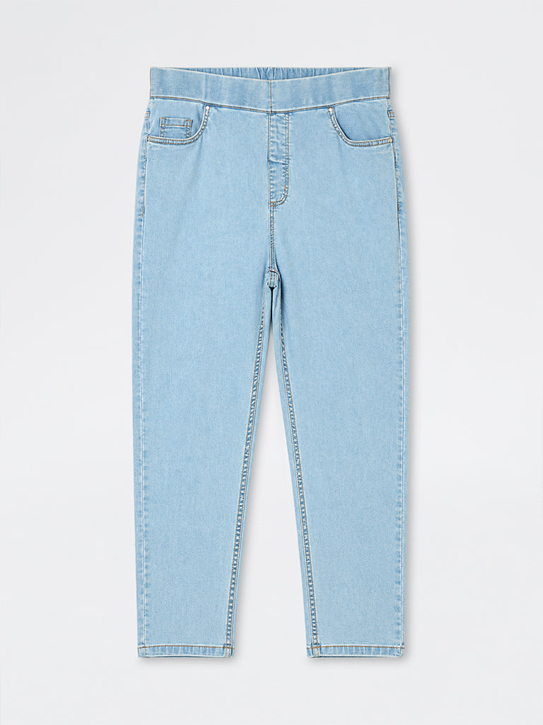 Gia Light Blue Solid High-Waist Cotton-Blend Jeggings
