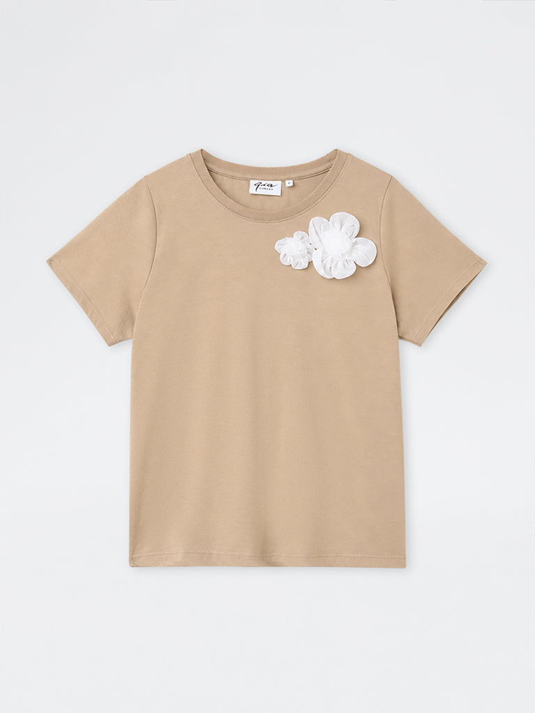 Gia Beige Floral Appliqué Cotton-Blend T-Shirt