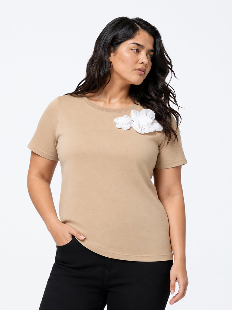 Gia Beige Floral Appliqué Cotton-Blend T-Shirt