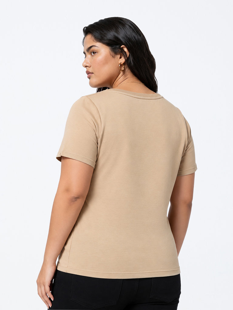 Gia Beige Floral Appliqué Cotton-Blend T-Shirt