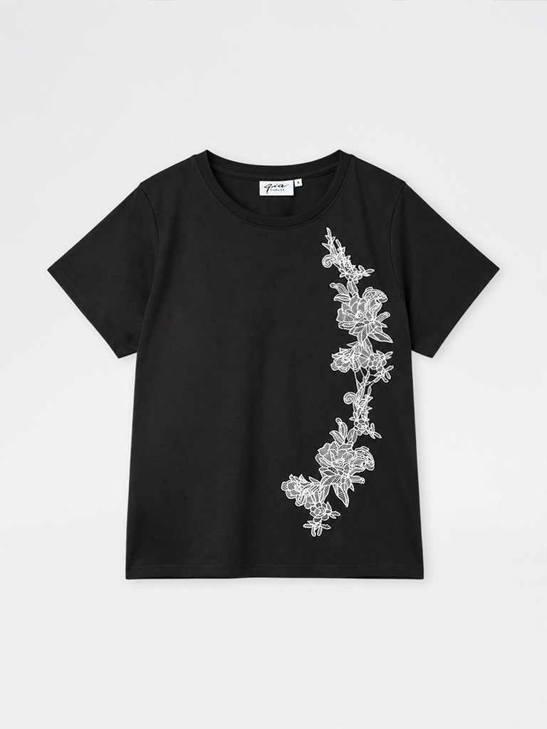 Gia Black Floral Embroidered Cotton-Blend T-Shirt