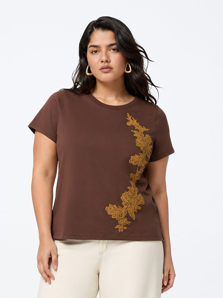 Gia Dark Brown Floral Embroidered Cotton-Blend T-Shirt