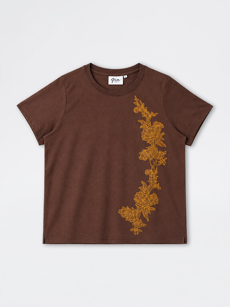 Gia Dark Brown Floral Embroidered Cotton-Blend T-Shirt