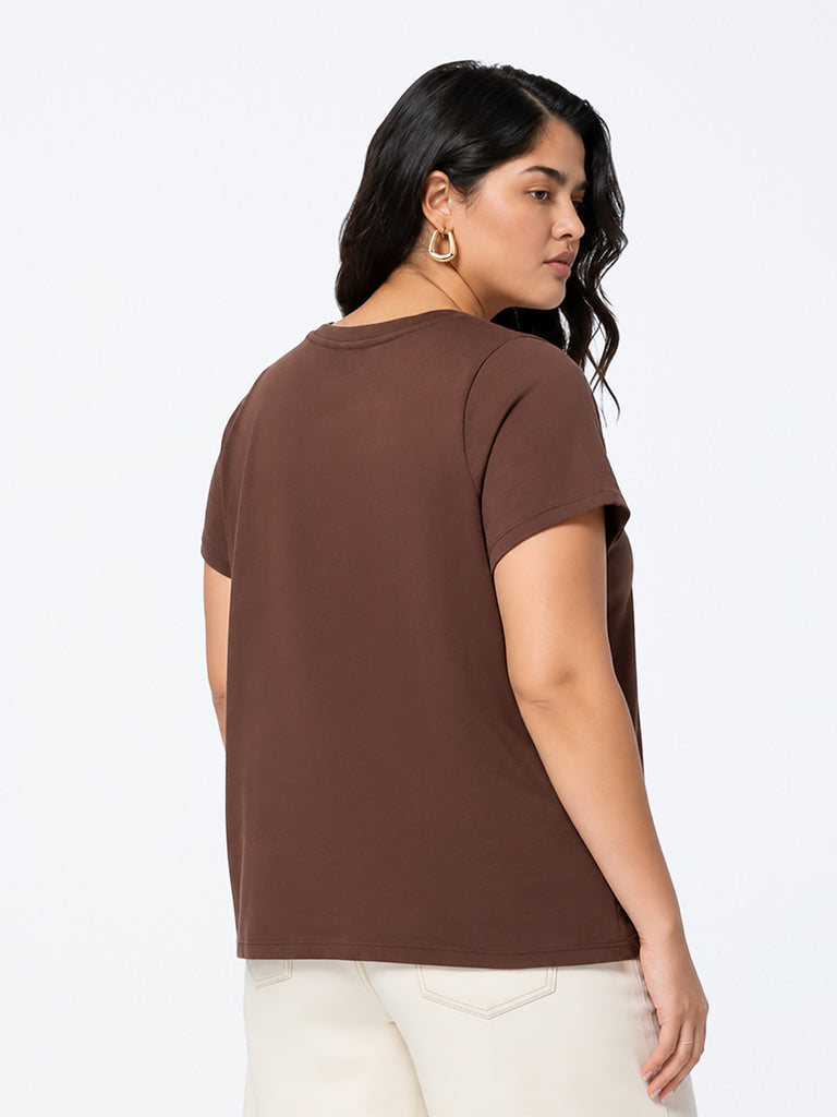 Gia Dark Brown Floral Embroidered Cotton-Blend T-Shirt