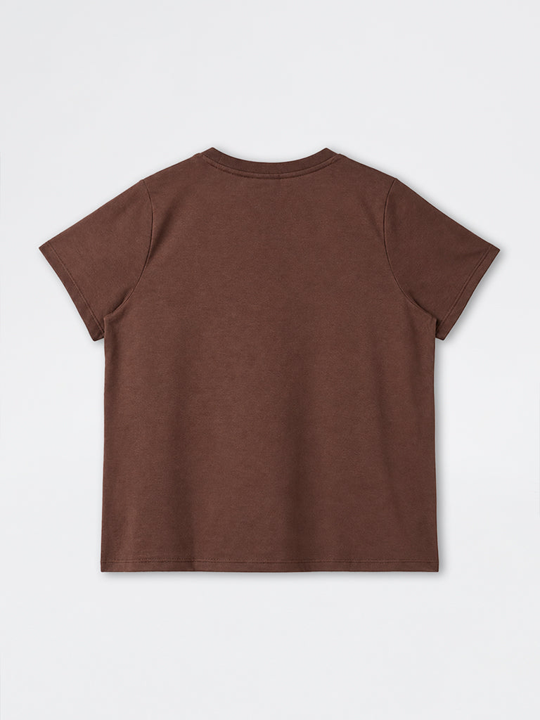 Gia Dark Brown Floral Embroidered Cotton-Blend T-Shirt