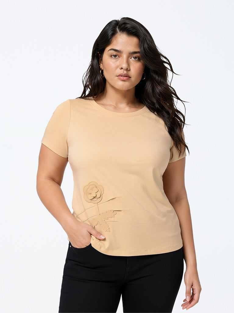 Gia Beige Floral Embroidered Cotton T-Shirt