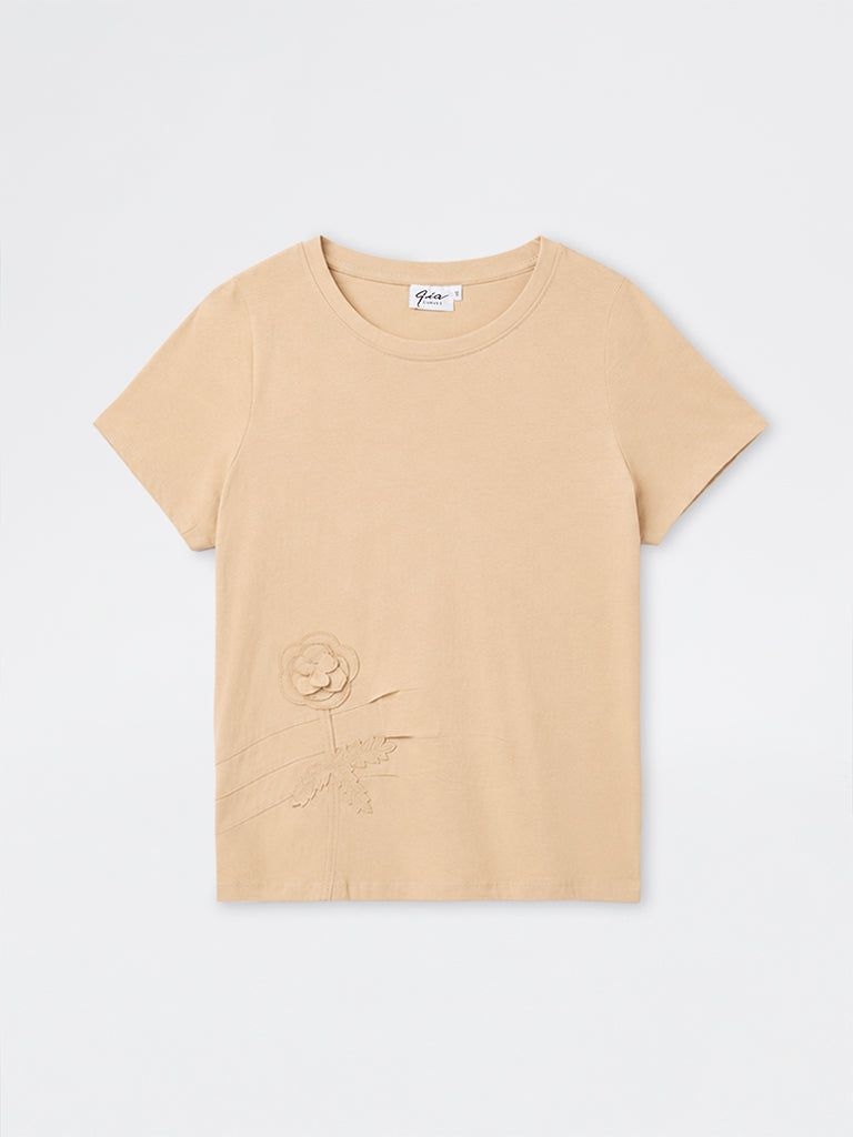 Gia Beige Floral Embroidered Cotton T-Shirt