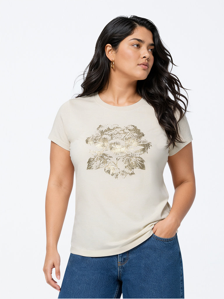 Gia Off-White Floral Printed Cotton T-Shirt