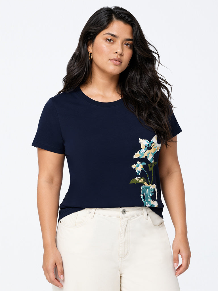 Gia Navy Floral Printed Cotton T-Shirt