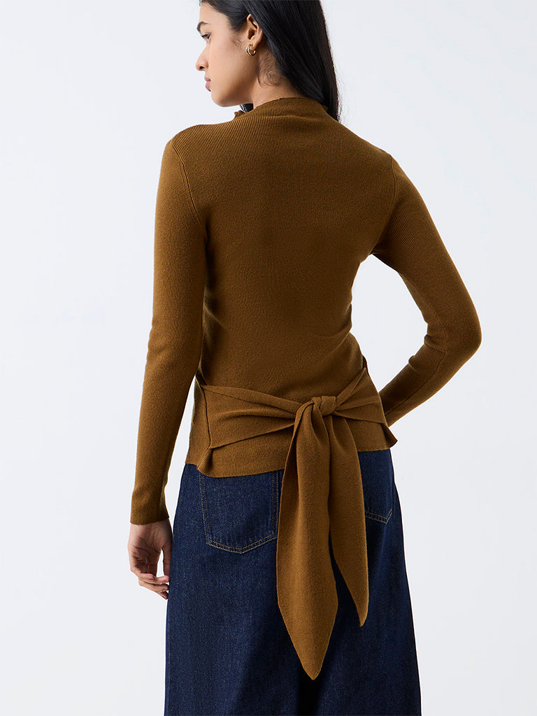 LOV Brown Tie-Up Detail Ribbed Top