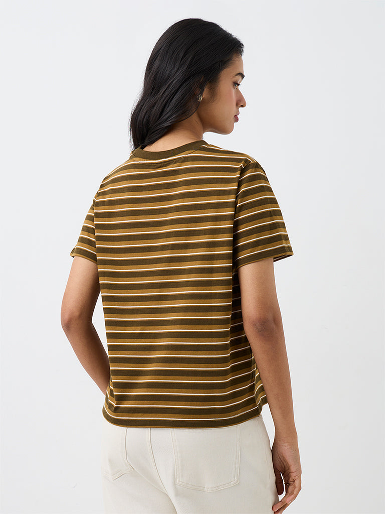 LOV Dark Olive Striped Cotton T-Shirt