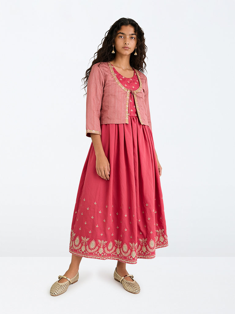 Utsa Kids Girls Pink Floral Embroidered A-Line Dress with Jacket - (8-14 yrs)