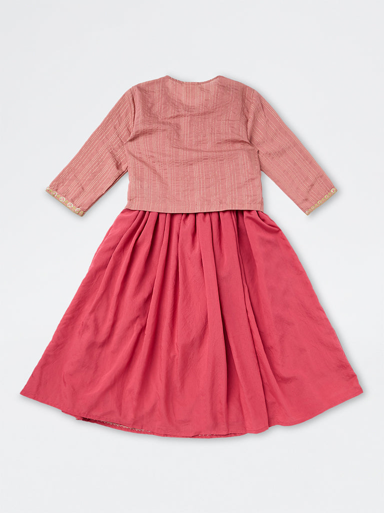 Utsa Kids Girls Pink Floral Embroidered A-Line Dress with Jacket - (8-14 yrs)