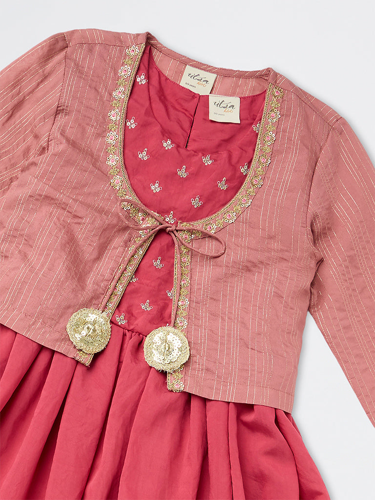Utsa Kids Girls Pink Floral Embroidered A-Line Dress with Jacket - (8-14 yrs)