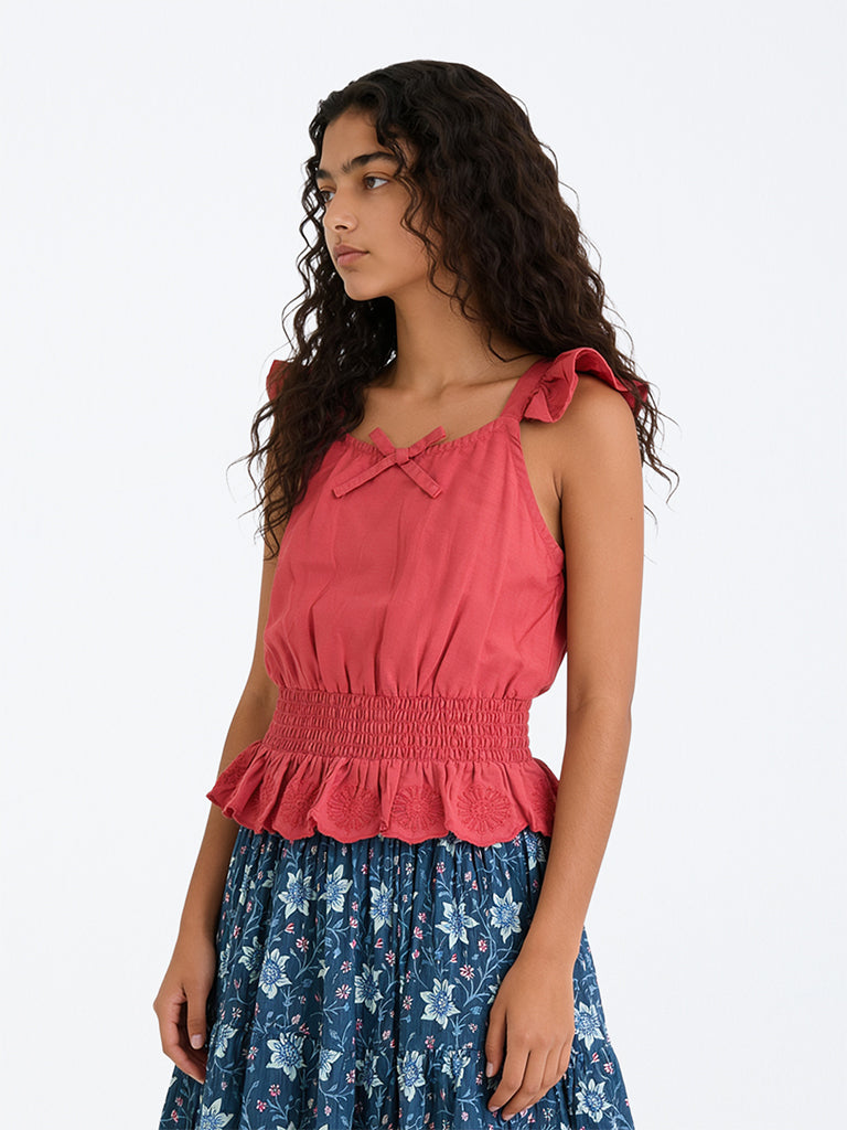 Utsa Kids Girls Pink Floral Embroidered Cotton Peplum Top (8-14 yrs)