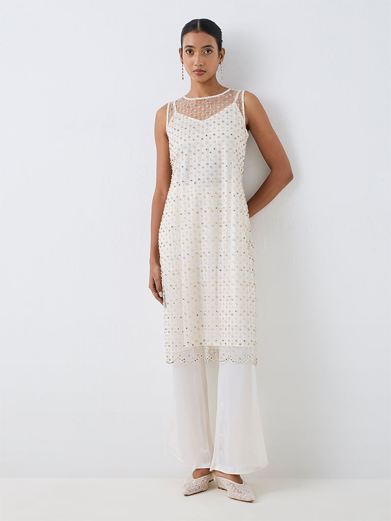 Vark Off-White Embellished Sheer Co-ord Set with Inner