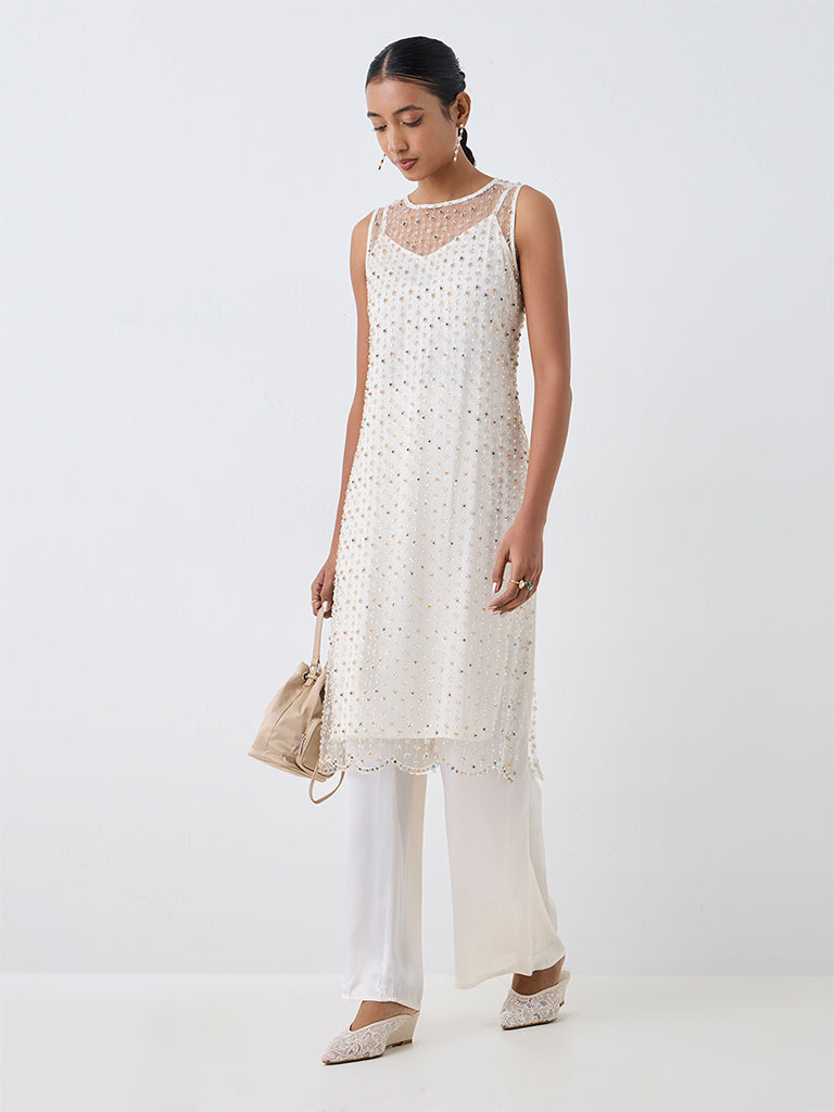 Vark Off-White Embellished Sheer Co-ord Set with Inner