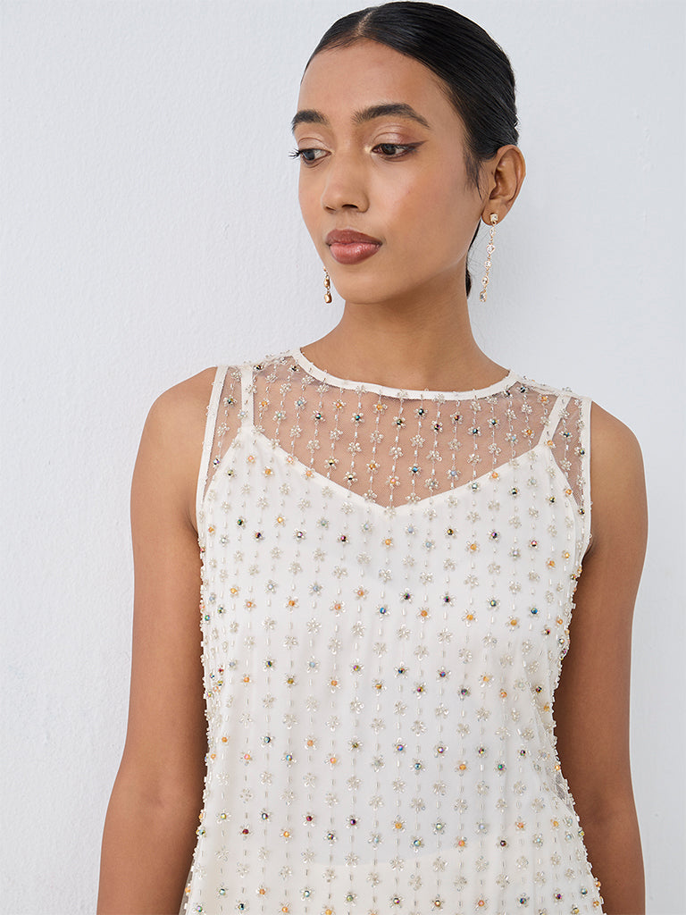 Vark Off-White Embellished Sheer Co-ord Set with Inner