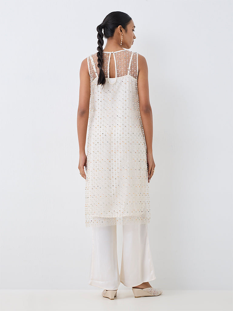 Vark Off-White Embellished Sheer Co-ord Set with Inner