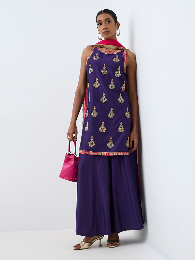 Vark Purple Floral Embroidered A-Line Kurta and Flared Palazzos Set