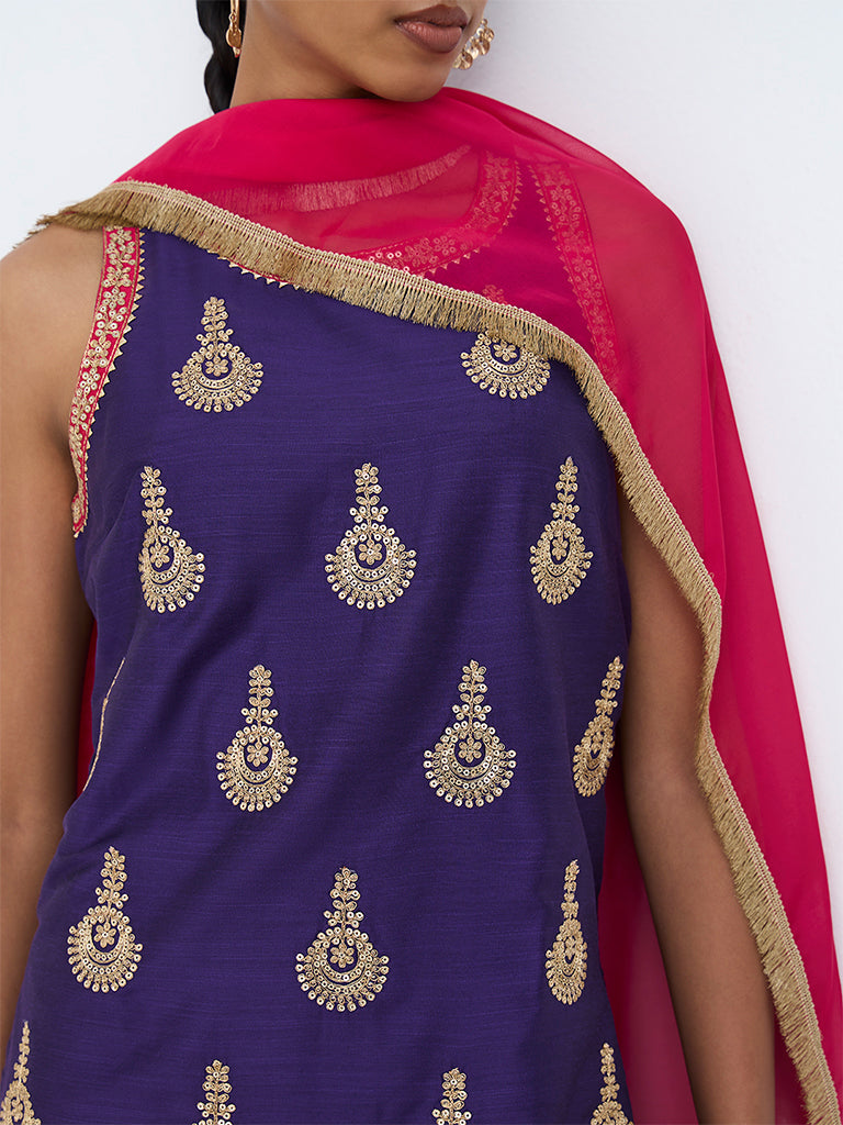 Vark Purple Floral Embroidered A-Line Kurta and Flared Palazzos Set