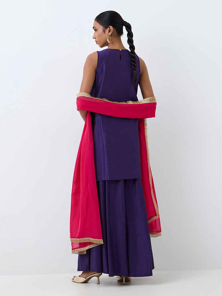 Vark Purple Floral Embroidered A-Line Kurta and Flared Palazzos Set