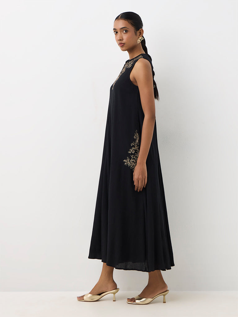 Vark Black Embroidered A-Line Dress