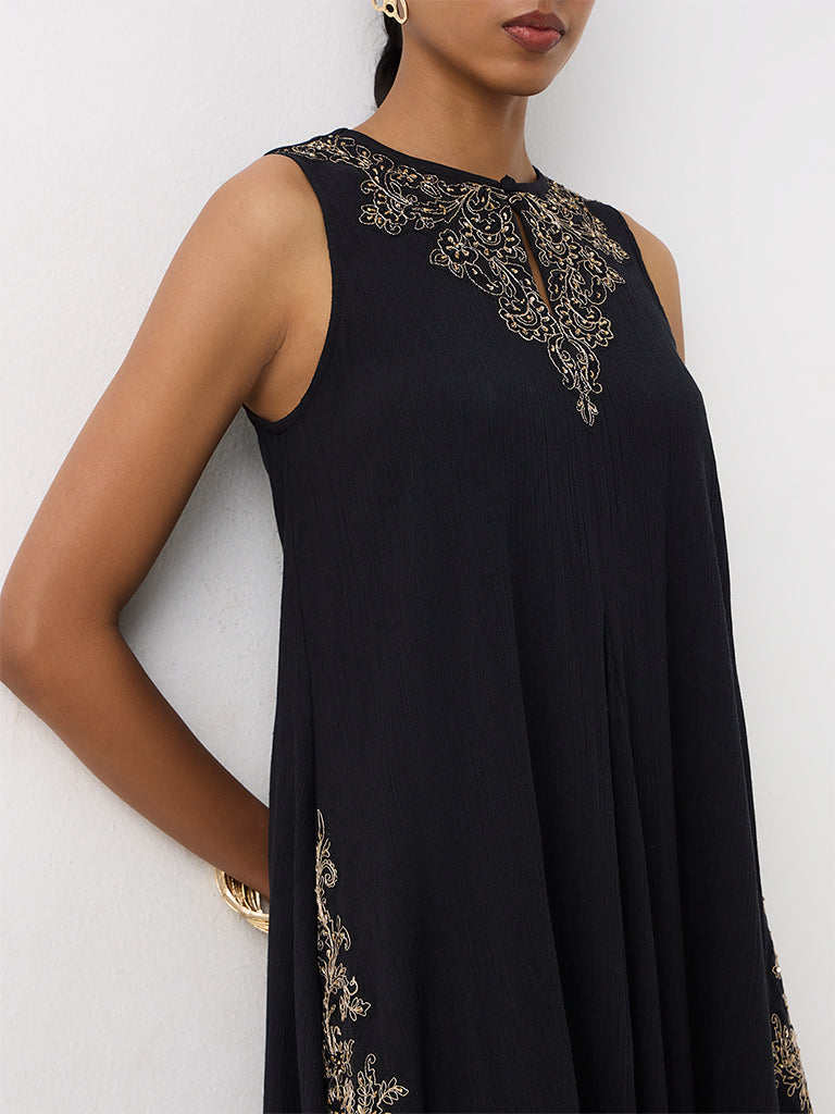 Vark Black Embroidered A-Line Dress