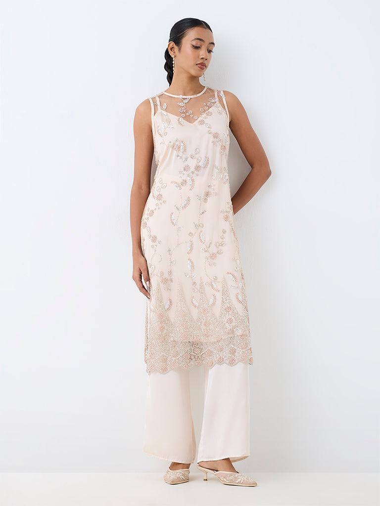 Vark Light Pink Floral Embellished Sheer Co-ord Set with Inner