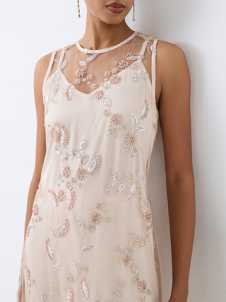 Vark Light Pink Floral Embellished Sheer Co-ord Set with Inner
