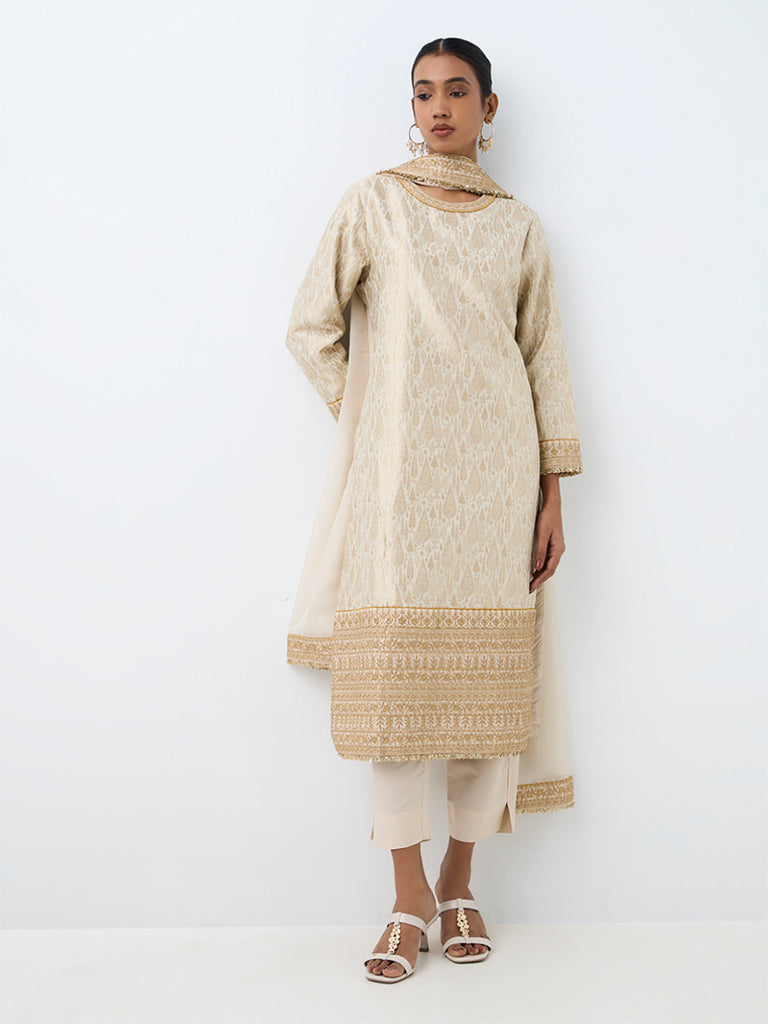 Vark Ivory Jaquard Straight Ethnic Set