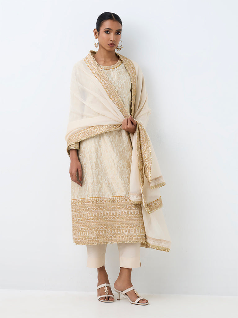 Vark Ivory Jaquard Straight Ethnic Set