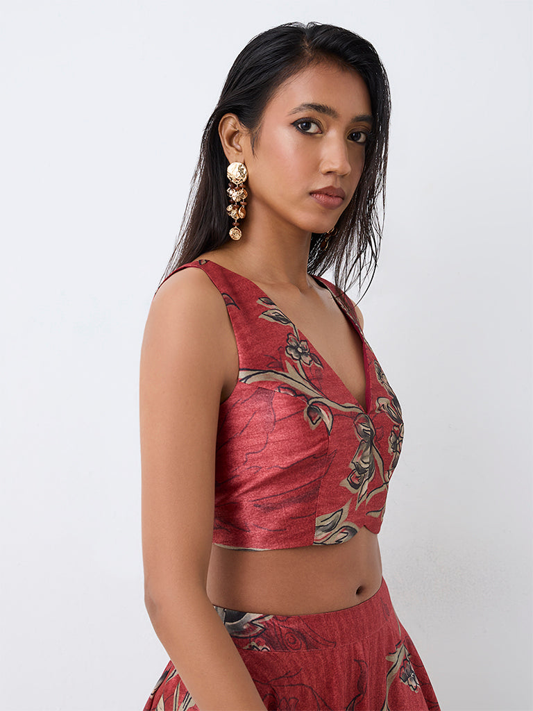 Vark Red Floral Printed Crop Top